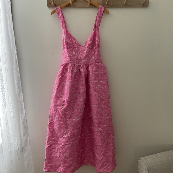 Lulus Rudra Pink Floral Jacquard A-Line Backless Pockets Midi Dress NWT XL - Picture 4 of 16